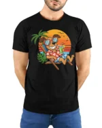 Funny Relaxing Dog Beach Tshirt Tropical Vacation Vibes - model wearing black tee with hands behind back