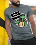 Speed Is Overrated Funny Turtle Tshirt Cute Chill Graphic - model wearing grey tee, leaning on column