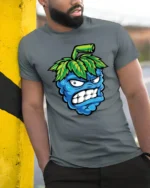 Angry Blueberry Monster Tshirt Funny Fruit Cartoon Graphic - model wearing grey tee, leaning on column