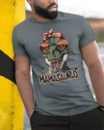 Mamasaurus Funny Dinosaur Mom Tshirt Cute T Rex Humor - model wearing grey tee, leaning on column