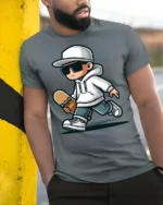 Cool Skateboard Kid Tshirt Street Style Skater Graphic - model wearing grey tee, leaning on column