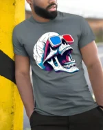 Skull 3D Glasses Tshirt Retro Funny Skeleton Graphic Style - model wearing grey tee, leaning on column