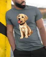 Cute Labrador Puppy Tshirt Adorable Dog Lover Graphic Style - model wearing grey tee, leaning on column