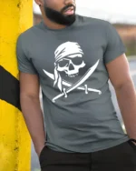 Pirate Skull Crossed Swords Tshirt Classic Jolly Roger Style - model wearing grey tee, leaning on column