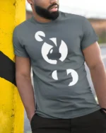 Minimalist Fox Moon Silhouette Tshirt Modern Animal Graphic - model wearing grey tee, leaning on column