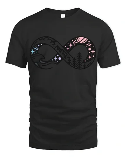 Infinity Nature Adventure Graphic Tshirt Cosmic Mountain Style - black t-shirt on white background