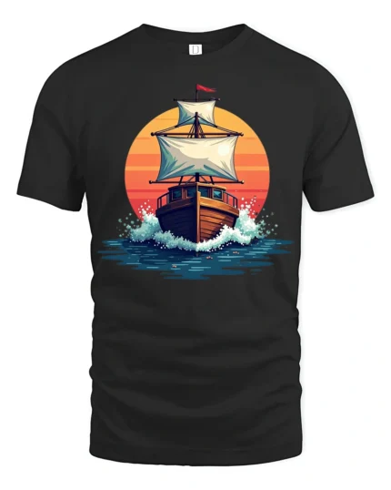 Vintage Sailing Ship Sunset Ocean Graphic Tshirt Adventure Style - black t-shirt on white background