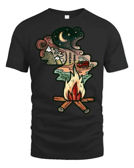 Camping Campfire Mountain Night Adventure Graphic Tshirt Nature Style - black t-shirt on white background