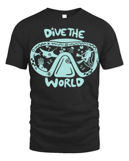 Dive The World Scuba Diving Graphic Tshirt Ocean Adventure Style - black t-shirt on white background