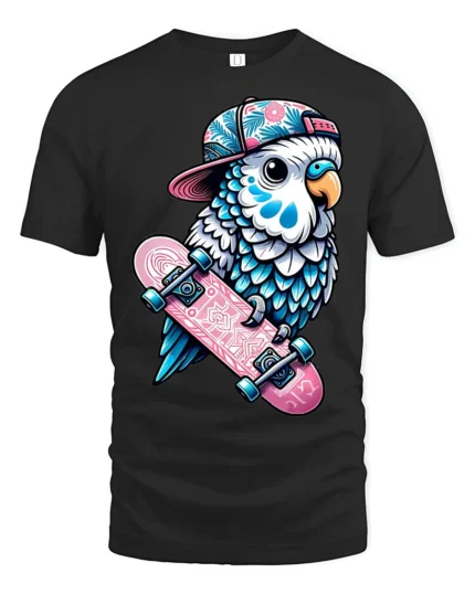 Cute Skateboard Parrot Graphic Tshirt Cool Bird Skater Style - black t-shirt on white background