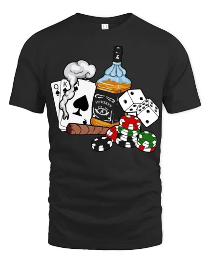 Poker Whiskey Cigar Graphic Tshirt Casino Night Lucky Style - black t-shirt on white background