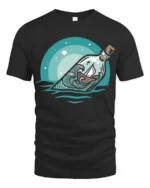 Ocean Message Bottle Ship Graphic Tshirt Calm Sea Adventure Style - black t-shirt on white background