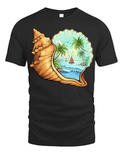 Tropical Ocean Shell Beach Graphic Tshirt Coastal Paradise Style - black t-shirt on white background