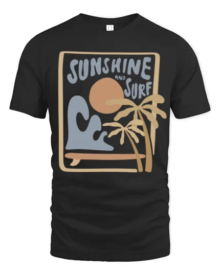 Sunshine And Surf Retro Beach Graphic Tshirt Summer Vibes Style - black t-shirt on white background
