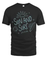 Sun And Surf Beach Graphic Tshirt Relaxed Summer Ocean Vibes Style - black t-shirt on white background