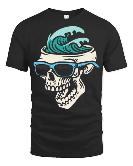 Surf Skull Graphic Tshirt Cool Ocean Wave Summer Street Style - black t-shirt on white background