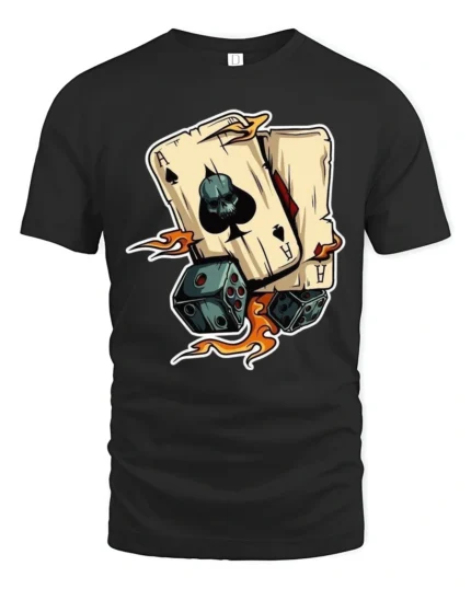 Ace Skull Playing Cards Dice Graphic Tshirt Lucky Gambler Style - black t-shirt on white background