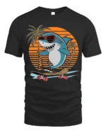 Cool Shark Skateboard Graphic Tshirt Retro Sunset Summer Style - black t-shirt on white background