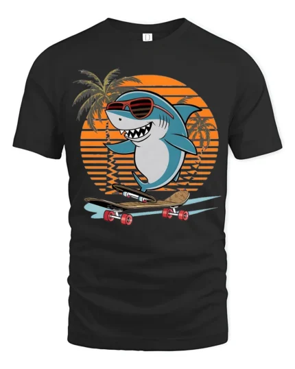 Cool Shark Skateboard Graphic Tshirt Retro Sunset Summer Style - black t-shirt on white background