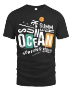 Summer Ocean Surfing Beach Graphic Tshirt Retro Coastal Vibes Style - black t-shirt on white background