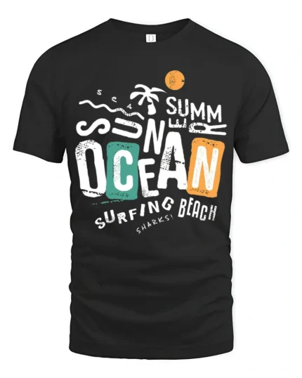 Summer Ocean Surfing Beach Graphic Tshirt Retro Coastal Vibes Style - black t-shirt on white background