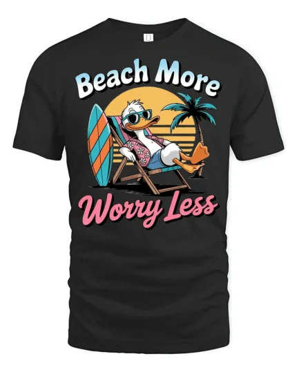 Beach More Worry Less Duck Graphic Tshirt Funny Summer Vacation Style - black t-shirt on white background