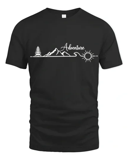 Adventure Mountain Line Art Graphic Tshirt Minimal Outdoor Style - black t-shirt on white background