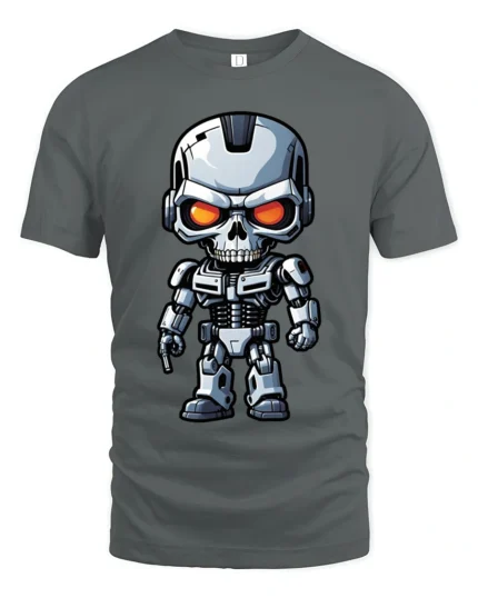 Cyber Skull Robot Warrior Graphic Tshirt Futuristic Sci Fi Power Style - gray t-shirt on white background