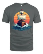 Vintage Sailing Ship Sunset Ocean Graphic Tshirt Adventure Style - gray t-shirt on white background