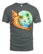 Tropical Ocean Shell Beach Graphic Tshirt Coastal Paradise Style - gray t-shirt on white background