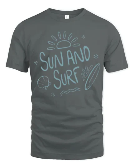 Sun And Surf Beach Graphic Tshirt Relaxed Summer Ocean Vibes Style - gray t-shirt on white background