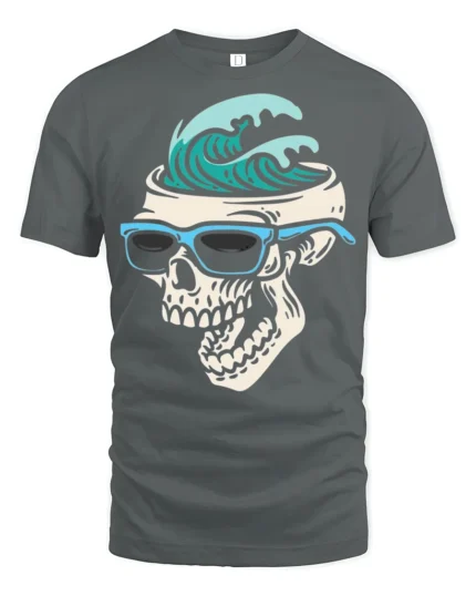 Surf Skull Graphic Tshirt Cool Ocean Wave Summer Street Style - gray t-shirt on white background