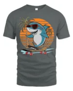 Cool Shark Skateboard Graphic Tshirt Retro Sunset Summer Style - gray t-shirt on white background