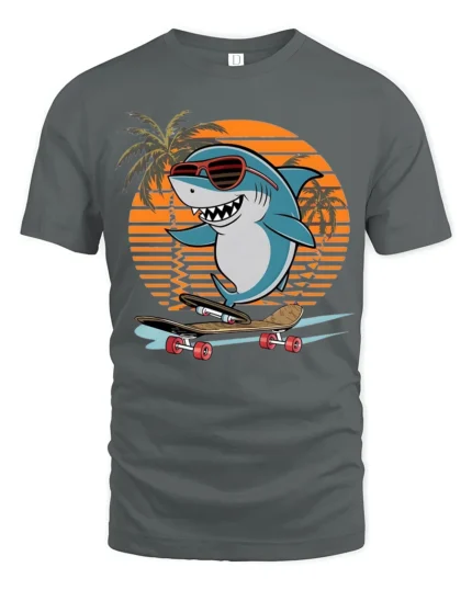 Cool Shark Skateboard Graphic Tshirt Retro Sunset Summer Style - gray t-shirt on white background