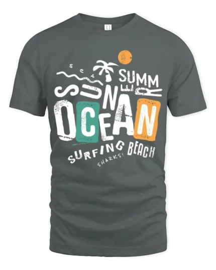 Summer Ocean Surfing Beach Graphic Tshirt Retro Coastal Vibes Style - gray t-shirt on white background