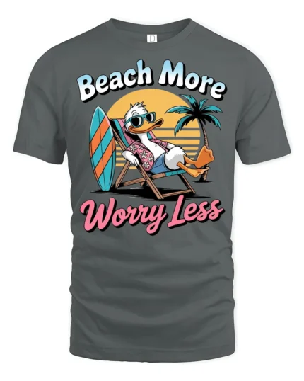 Beach More Worry Less Duck Graphic Tshirt Funny Summer Vacation Style - gray t-shirt on white background