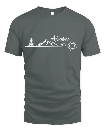 Adventure Mountain Line Art Graphic Tshirt Minimal Outdoor Style - gray t-shirt on white background