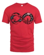 Infinity Nature Adventure Graphic Tshirt Cosmic Mountain Style - red t-shirt on white background