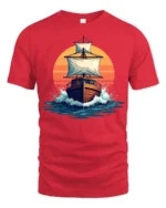 Vintage Sailing Ship Sunset Ocean Graphic Tshirt Adventure Style - red t-shirt on white background