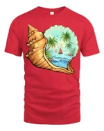 Tropical Ocean Shell Beach Graphic Tshirt Coastal Paradise Style - red t-shirt on white background