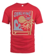 Sunshine And Surf Retro Beach Graphic Tshirt Summer Vibes Style - red t-shirt on white background
