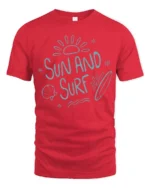 Sun And Surf Beach Graphic Tshirt Relaxed Summer Ocean Vibes Style - red t-shirt on white background