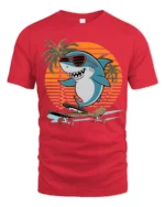 Cool Shark Skateboard Graphic Tshirt Retro Sunset Summer Style - red t-shirt on white background