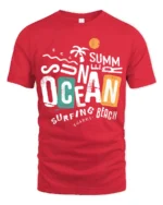 Summer Ocean Surfing Beach Graphic Tshirt Retro Coastal Vibes Style - red t-shirt on white background