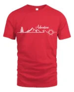 Adventure Mountain Line Art Graphic Tshirt Minimal Outdoor Style - red t-shirt on white background