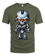 Cyber Skull Robot Warrior Graphic Tshirt Futuristic Sci Fi Power Style - military green t-shirt on white background