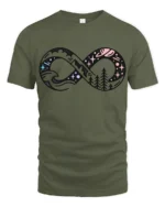 Infinity Nature Adventure Graphic Tshirt Cosmic Mountain Style - military green t-shirt on white background