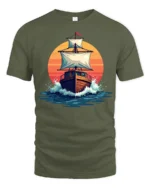 Vintage Sailing Ship Sunset Ocean Graphic Tshirt Adventure Style - military green t-shirt on white background