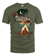 Camping Campfire Mountain Night Adventure Graphic Tshirt Nature Style - military green t-shirt on white background