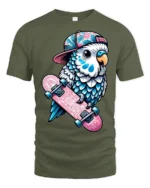Cute Skateboard Parrot Graphic Tshirt Cool Bird Skater Style - military green t-shirt on white background